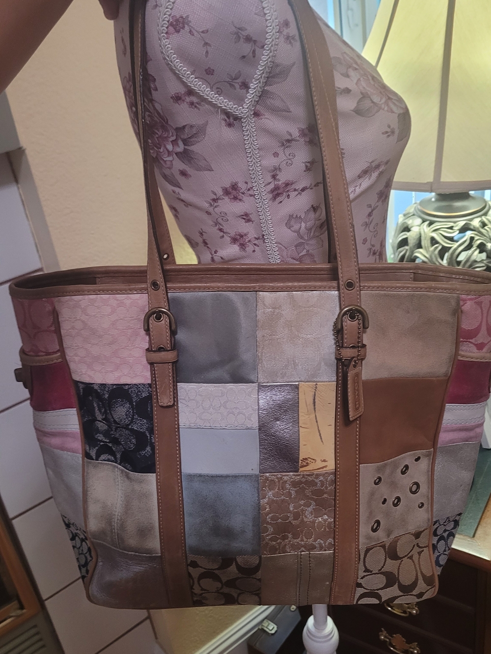Coach Patchwork Leather Tote in Pink, Tan, Brown and Gray